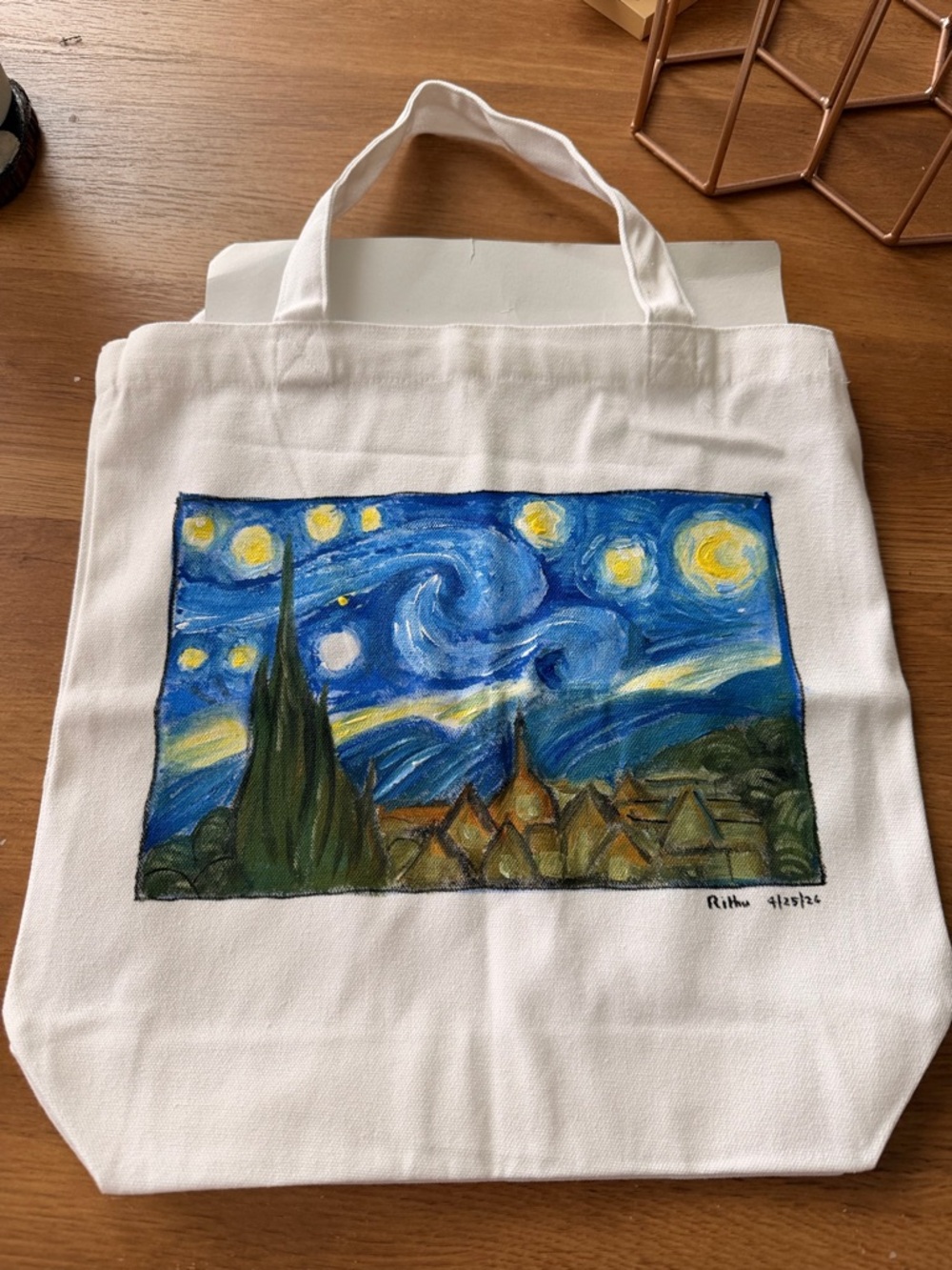 Hand-Painted White Canvas Tote with Blue Starry Night Art